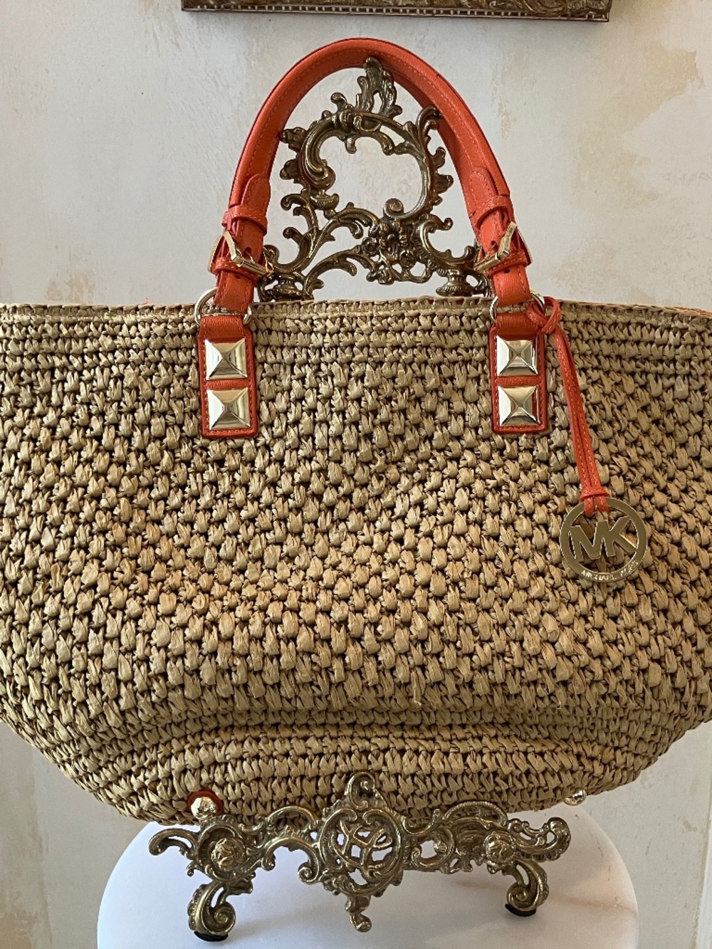 MICHAEL KORS LARGE STRAW BASKET TOTE WITH ORANGE LEATHER TRIM